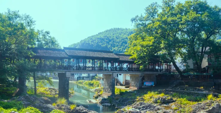 山水风景廊桥绿色