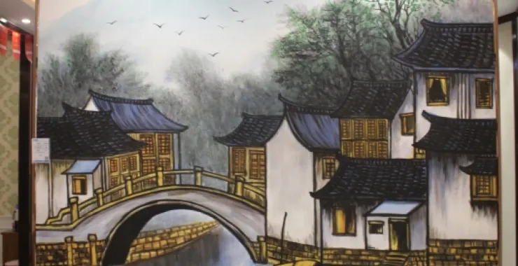 硅藻泥小桥流水绘画背景墙艺术装饰装修背景画