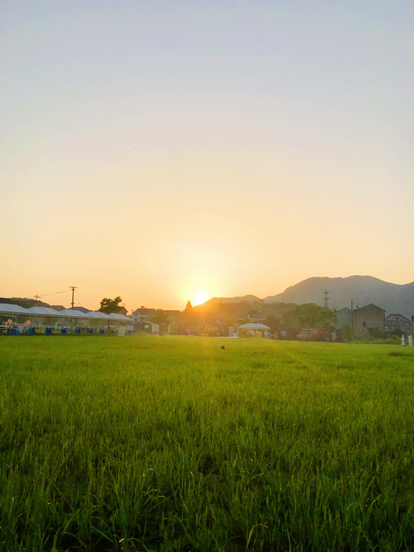 上虞梁湖大泊星空营地草地黄昏田野青草地太阳日出日落