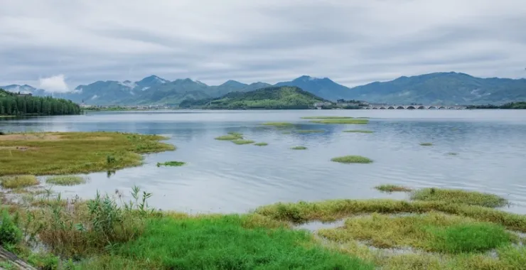 四明湖蓝天白云青草地