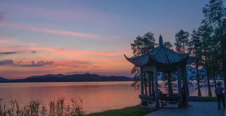 四明湖晚景凉亭树木芦苇