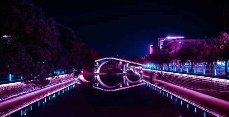 余姚夜景街头灯光赛博朋克姚江通济桥