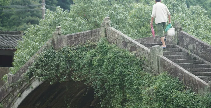 风景山区白云桥绿植古建筑