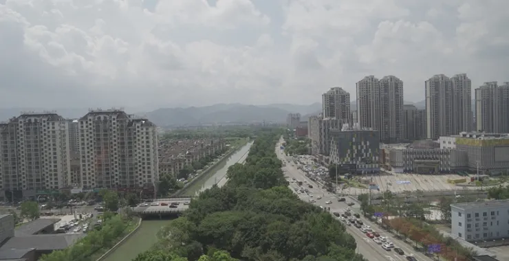 余姚城区城市道路交通河流姚江车流街景航拍建筑万达俯瞰航拍全景全貌