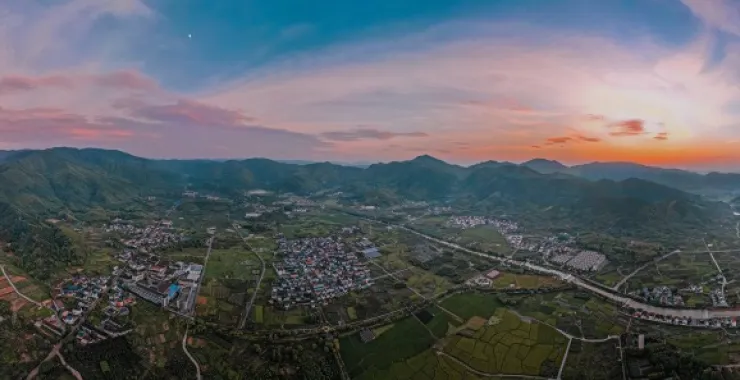余姚城市农村乡村全貌俯瞰航拍夕阳朝阳晚霞山间落日日出