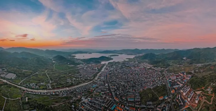 余姚城市农村乡村全貌俯瞰航拍夕阳朝阳晚霞山间落日日出