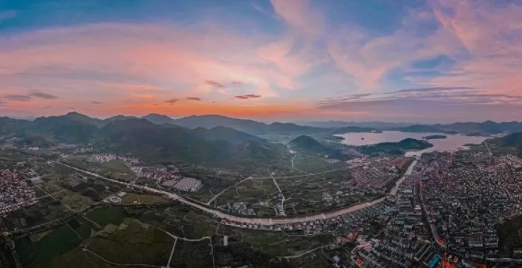 余姚城市农村乡村全貌俯瞰航拍夕阳朝阳晚霞山间落日日出