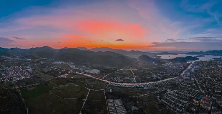余姚城市农村乡村全貌俯瞰航拍夕阳朝阳晚霞山间落日日出