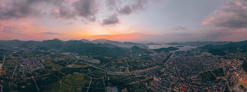 余姚城市全貌俯瞰航拍夕阳朝阳晚霞山间落日日出