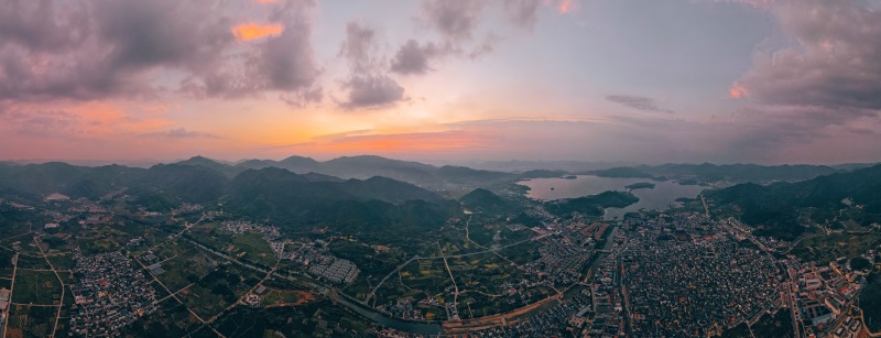 余姚城市全貌俯瞰航拍夕阳朝阳晚霞山间落日日出