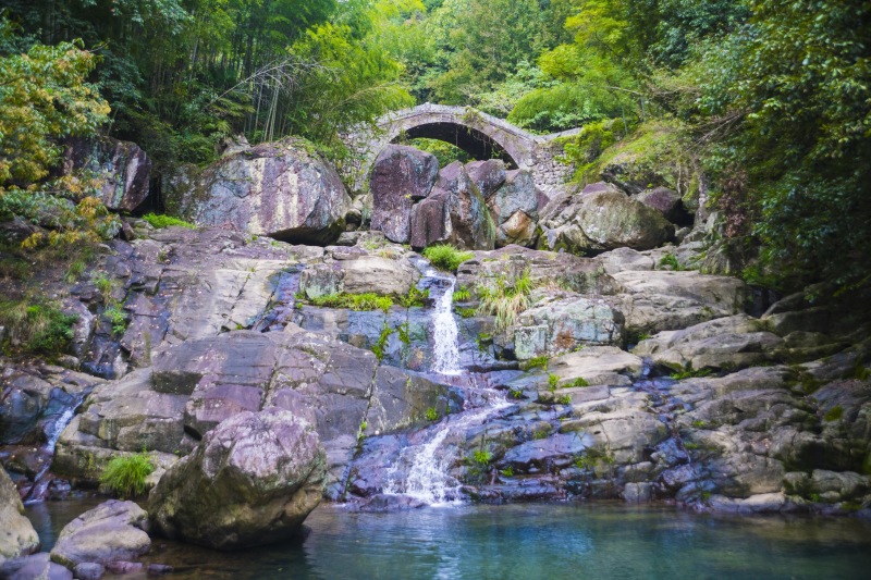 余姚大岚镇柿林村丹山赤水旅游郊游度假避暑山里团建小溪流水玩水河水古桥