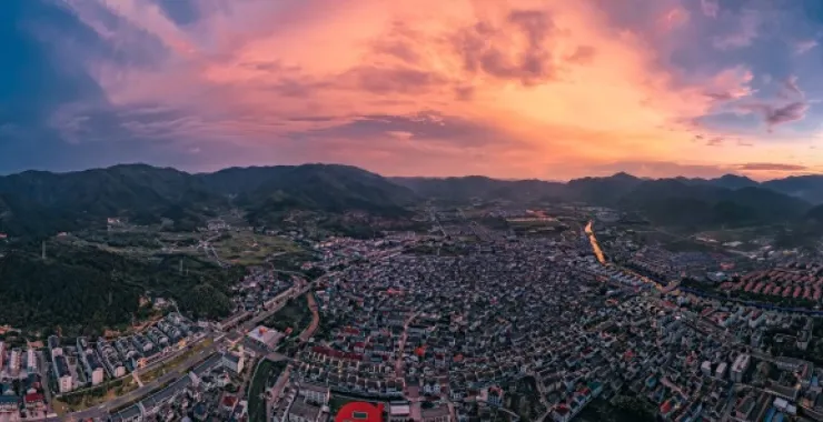 余姚城区夕阳夜景灯火公路高楼建筑高空落日夕阳日出朝阳青山绿水俯瞰城市航拍全貌全景