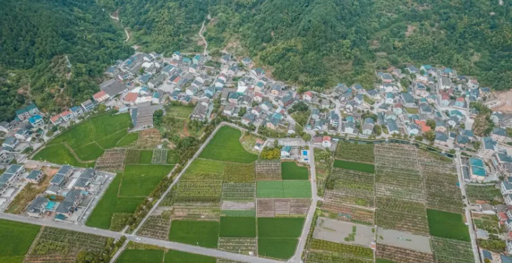 余姚明湖村春天树林绿水青山田园村庄