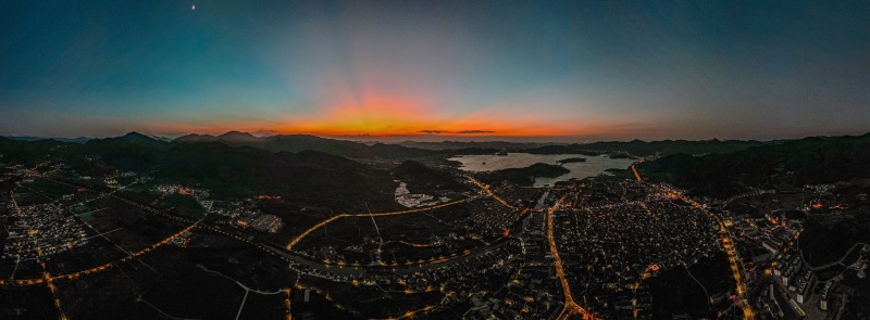 余姚城区夕阳夜景灯火公路高楼建筑高空落日夕阳日出朝阳青山绿水俯瞰城市航拍全貌全景