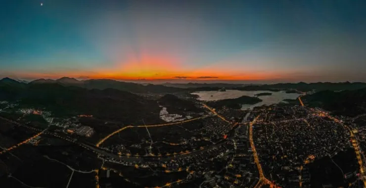 余姚城区夕阳夜景灯火公路高楼建筑高空落日夕阳日出朝阳青山绿水俯瞰城市航拍全貌全景