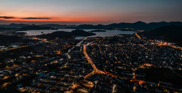 余姚城区夕阳夜景灯火公路高楼建筑高空落日夕阳日出朝阳青山绿水俯瞰城市航拍全貌全景