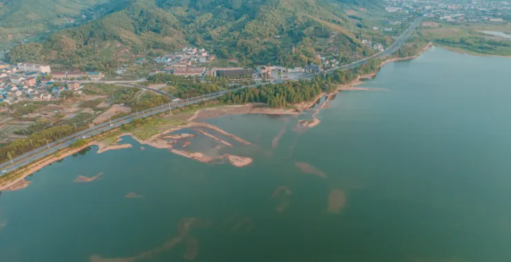 余姚四明湖干旱少雨水四明山网红地打卡俯瞰航拍水杉林