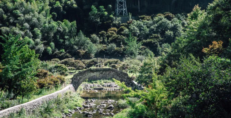 余姚四明山俯视青山绿水小桥山间