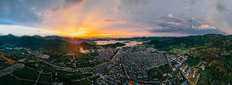 余姚城区公路高楼建筑高空落日夕阳日出朝阳青山绿水俯瞰城市航拍全貌全景