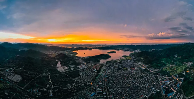余姚城区公路高楼建筑高空落日夕阳日出朝阳青山绿水俯瞰城市航拍全貌全景