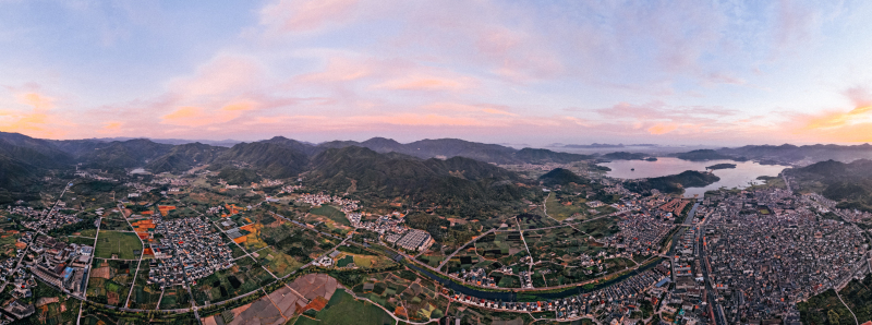 余姚城区公路高楼建筑高空落日夕阳日出朝阳青山绿水俯瞰城市航拍全貌全景