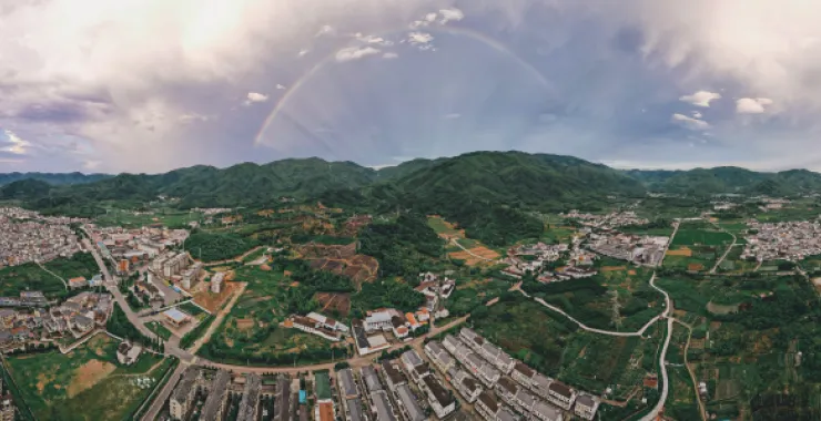 余姚城区公路高楼建筑高空落日夕阳日出朝阳青山绿水俯瞰城市航拍全貌全景