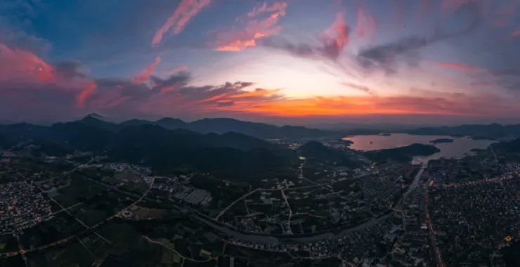 余姚城区公路高楼建筑高空落日夕阳日出朝阳青山绿水俯瞰城市航拍全貌全景