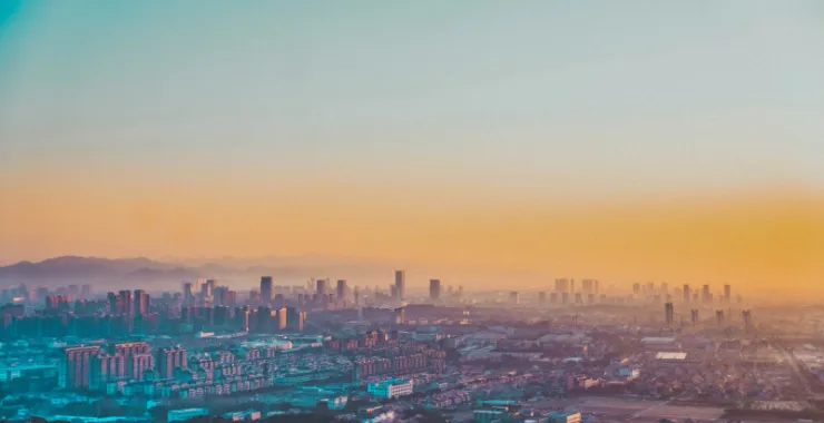 余姚城区公路高楼建筑高空雾霾大雾日出俯瞰城市航拍全貌全景