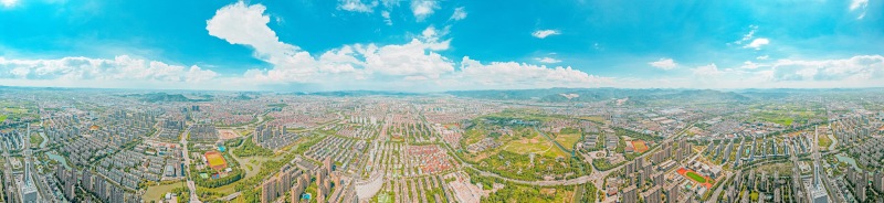 余姚城区全貌公路高楼建筑高空蓝天白云青山绿水俯瞰城市航拍全景