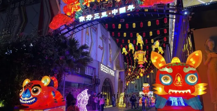 虎年灯会庙会喜庆过年虎头年味灯笼夜景夜市
