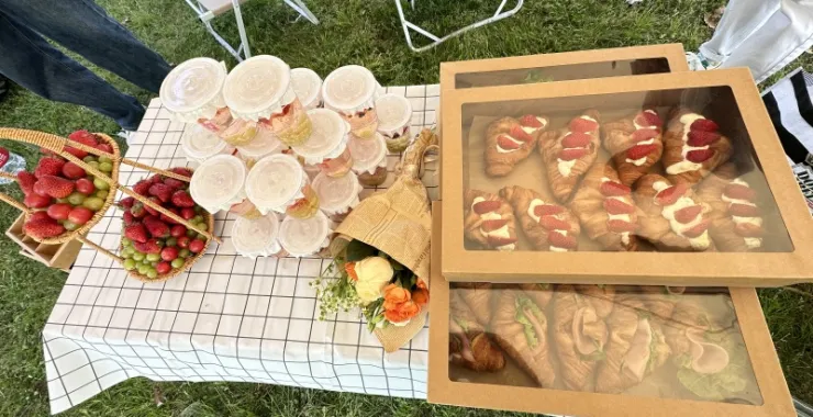  露营草地春天帐篷气球美食饮料水果葡萄草莓牛角包面包鲜花小番茄可颂