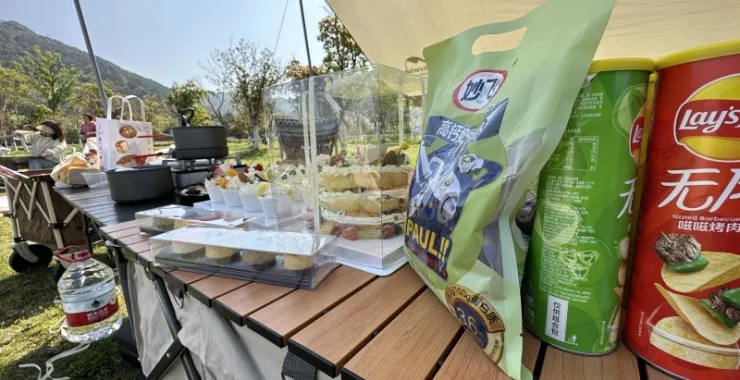  露营草地春天帐篷气球美食薯片蛋糕甜品甜点奶酪棒