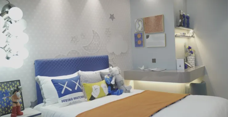 卧室蓝色男孩书桌房间床床头柜