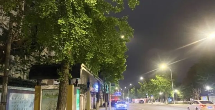 公交车站路灯交通夜色晚上夜景马路