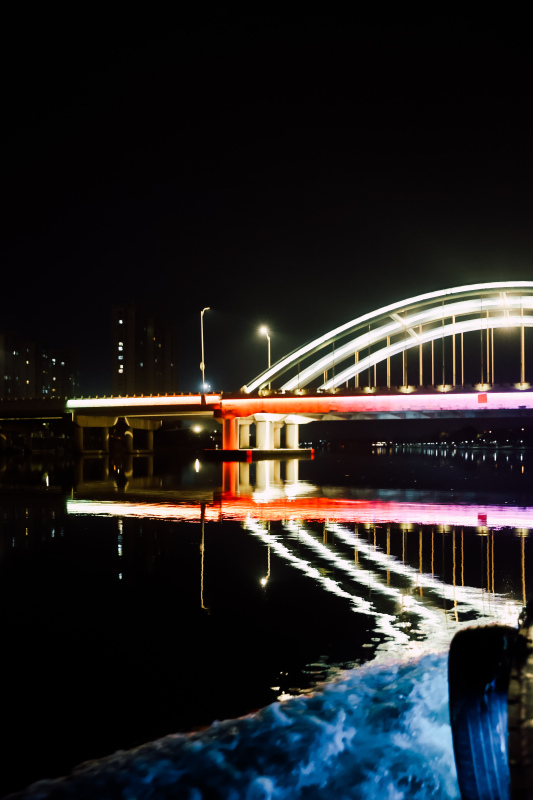 姚江夜景灯光轮渡江边建筑高楼楼房夜晚游船桥
