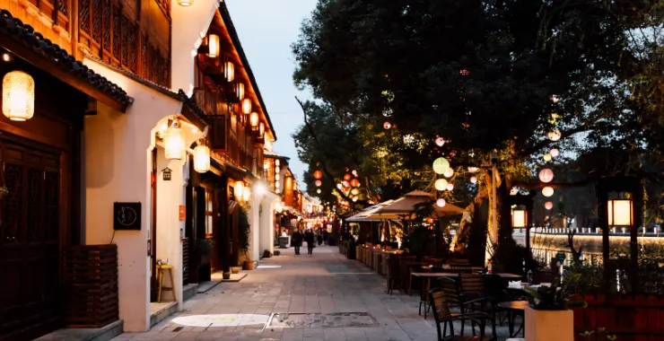 姚江夜景灯光轮渡江边建筑高楼楼房夜晚游船桥阳明古镇