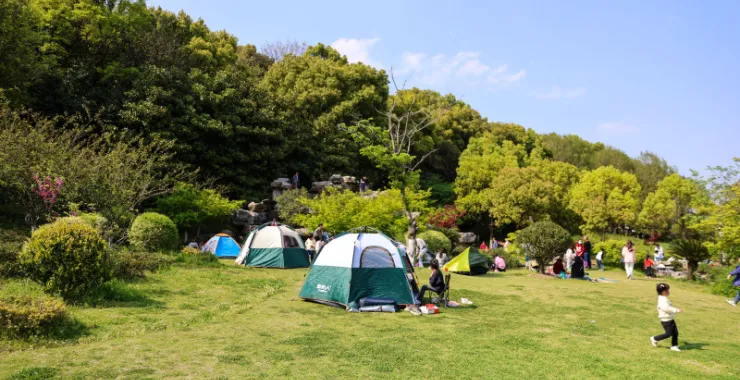 露营草地春天帐篷气球玩耍亲子公园人群