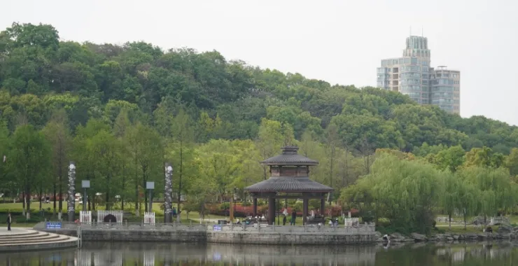 余姚玉皇山公园亭子春色绿色河流