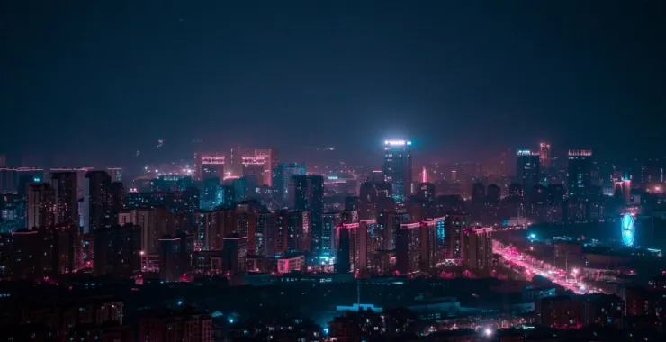 余姚城区城市夜景灯火灯光公路高楼建筑高空月亮晚上俯瞰城市航拍全貌全景金碧辉煌交通路灯车水马龙车流