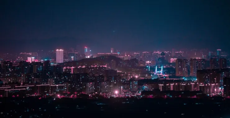余姚城区城市夜景灯火灯光公路高楼建筑高空月亮晚上俯瞰城市航拍全貌全景金碧辉煌交通路灯车水马龙车流