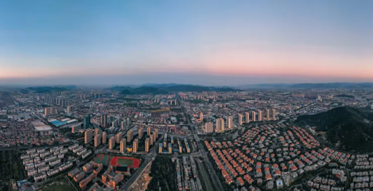余姚城区公路高楼建筑高空落日夕阳日出朝阳青山绿水俯瞰城市航拍全貌全景