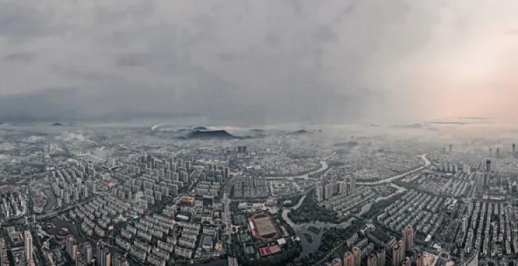 余姚大雾袭城云雾姚城城区城市俯瞰全景航拍高楼小区建筑